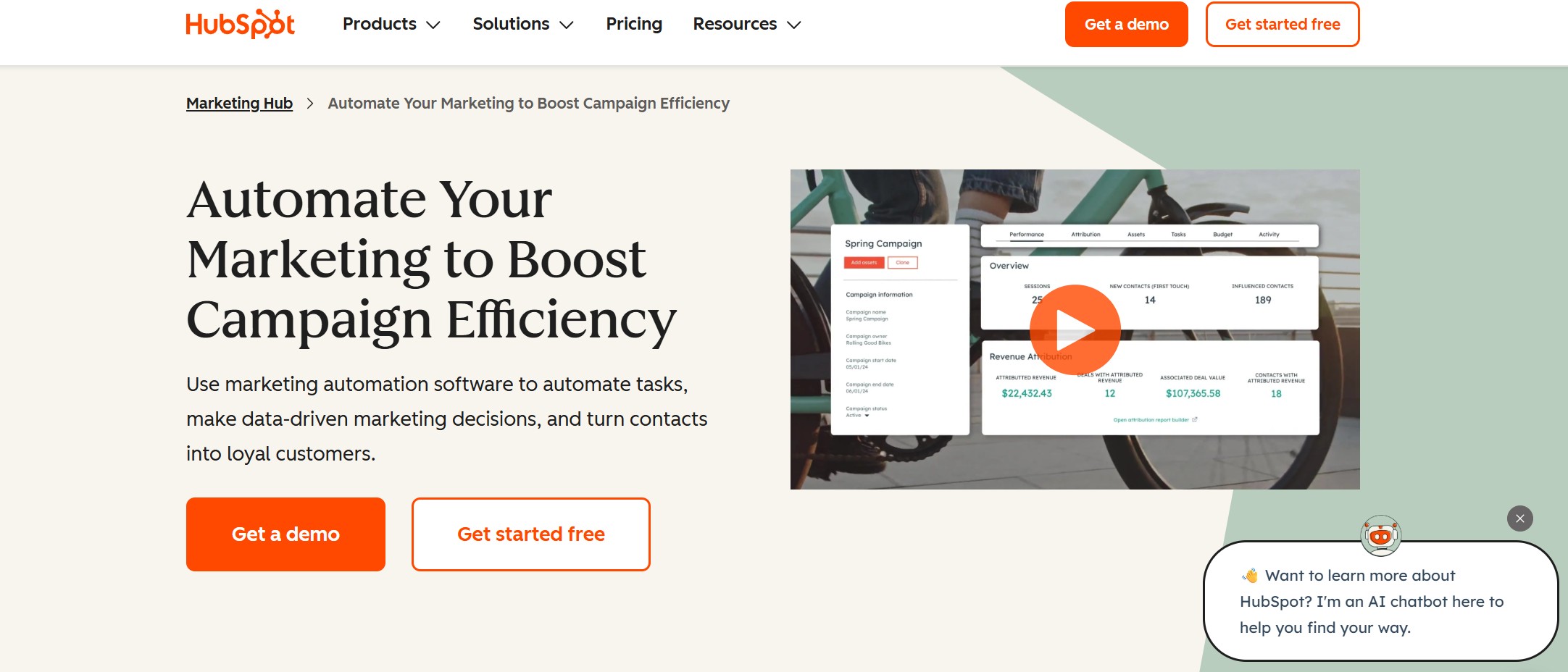 A marketing HubSpot video titled &ldquo;Automate Your Marketing to Boost Campaign Efficiency&rdquo; displays a marketing automation software interface with a play button and text boxes, accompanied by buttons and a chatbot prompt.