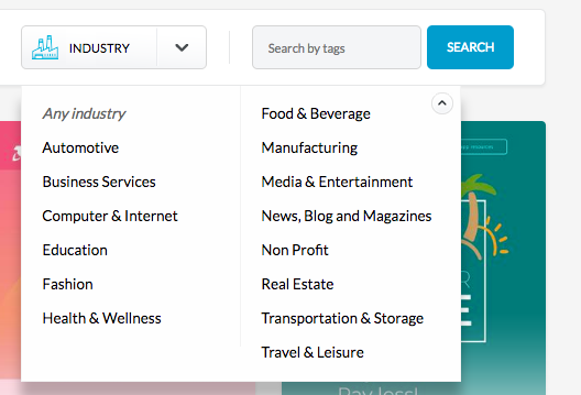 A screenshot displays a search bar labeled "SEARCH" and a dropdown menu labeled "INDUSTRY" with options including "Automotive," "Business Services," "Computer & Internet," "Education," "Fashion," "Health & Wellness," "Food & Beverage," "Manufacturing," "Media & Entertainment," "News, Blog and Magazines," "Non Profit," "Real Estate," "Transportation & Storage," and "Travel & Leisure."