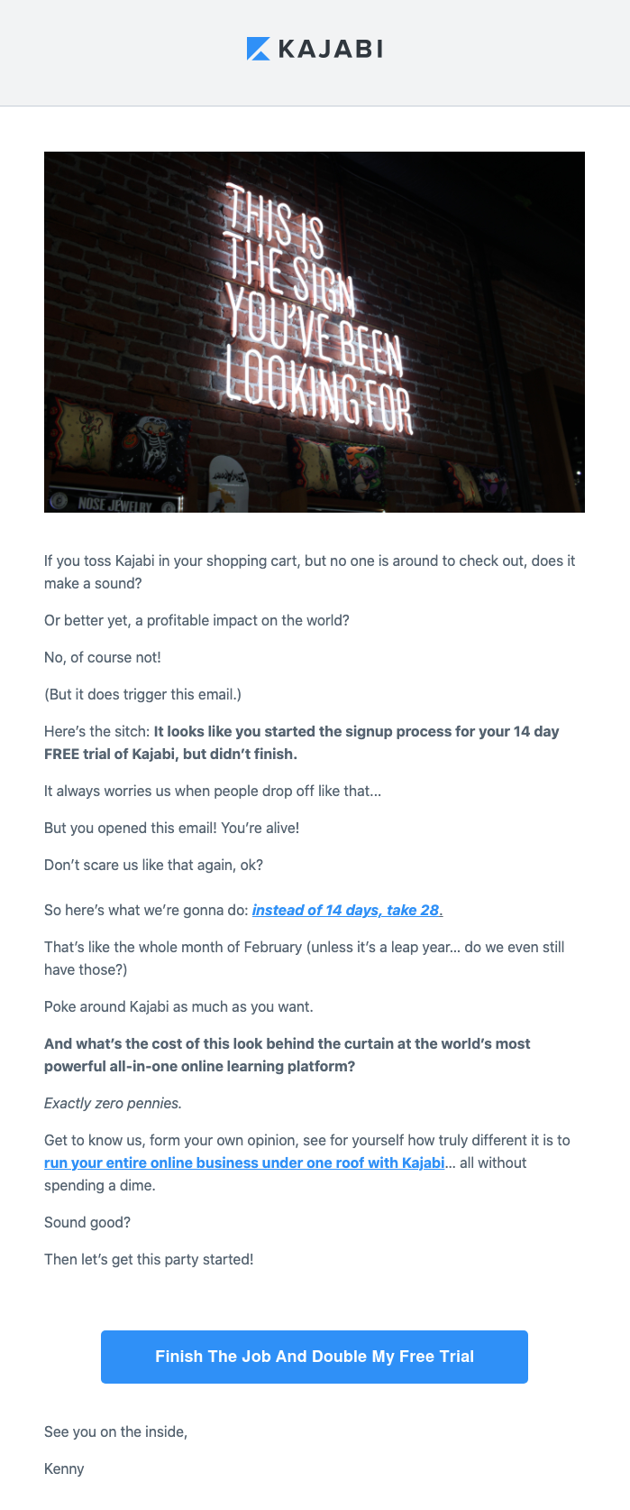 A KaJabi logo appears at the top of the image, and a sign reading &ldquo;THIS IS THE SIGN YOU'VE BEEN LOOKING FOR&rdquo; is displayed in a shopping cart.