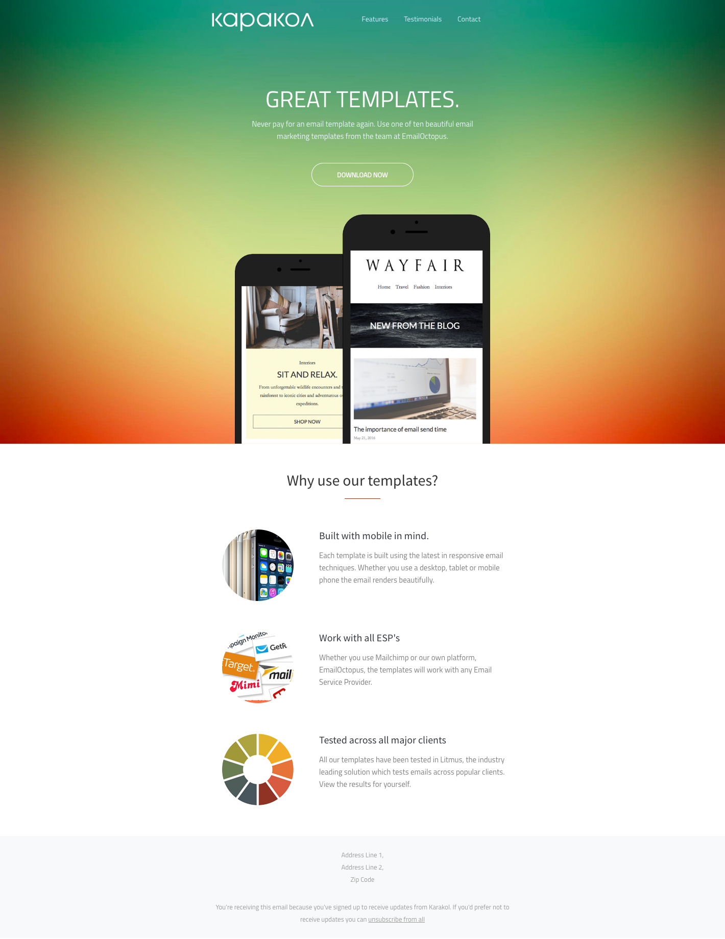 A webpage for KoKoKa templates features two smartphone displays displaying the brand&rsquo;s logo and website, with text promoting the templates&rsquo; benefits: mobile-friendly design, responsive layouts, and ESP-friendly functionality, accompanied by a color palette and contact information.