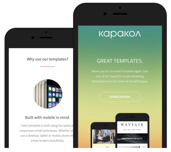 Two smartphones display the Kapakol website&rsquo;s homepage, highlighting &ldquo;GREAT TEMPLATES&rdquo; and &ldquo;DOWNLOAD NOW,&rdquo; with text about responsive email templates and mobile-centric design.