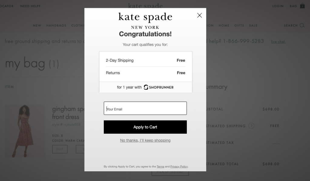 A Kate Spade New York congratulatory box is presented with a free ground shipping offer and applies to a cart.