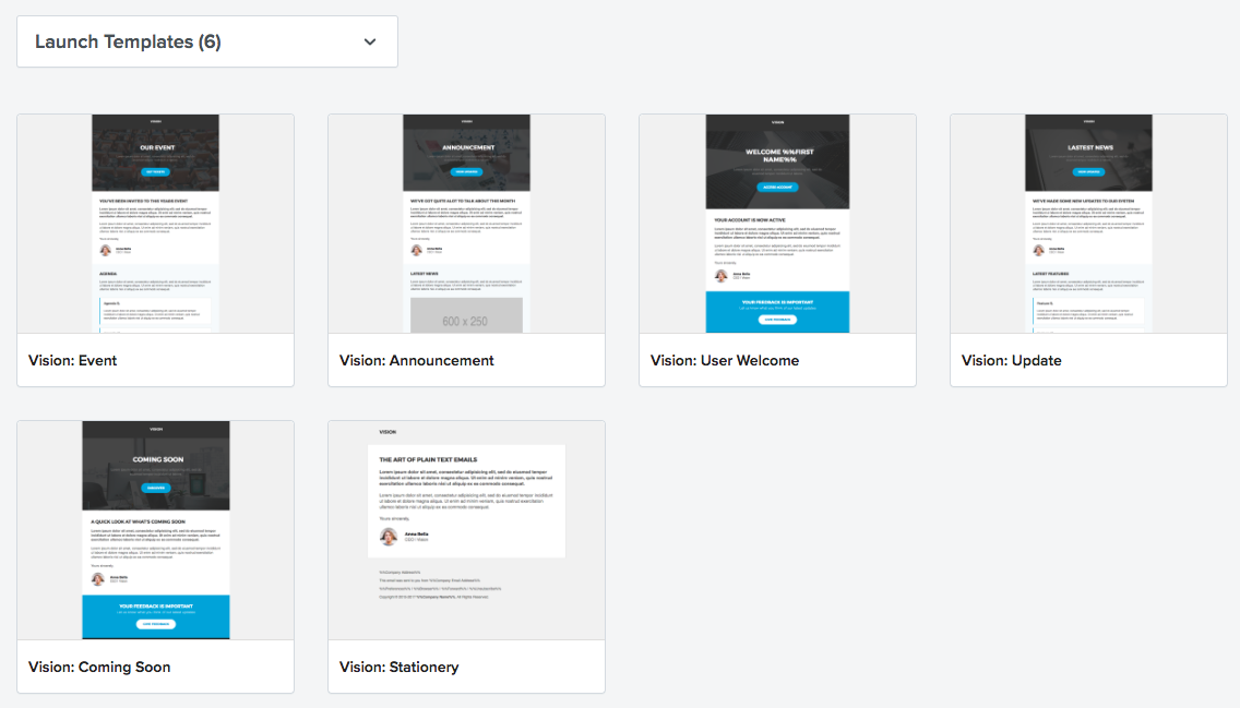 Six different launch templates are displayed: Event, Announcement, User Welcome, Update, Coming Soon, and Stationery.