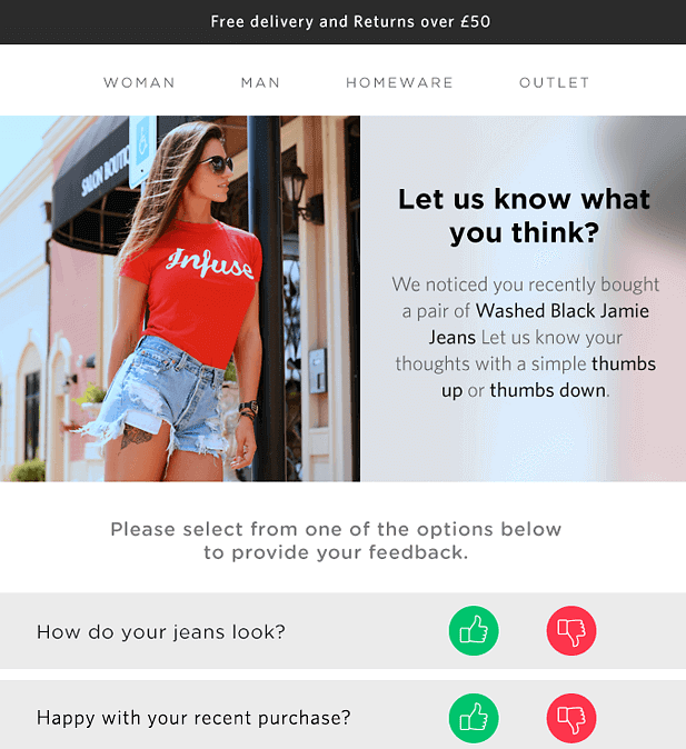 A woman in a red "Infuse" t-shirt and light blue denim shorts stands outside a storefront, with text above her reading "Let us know what you think?" and options for feedback below.