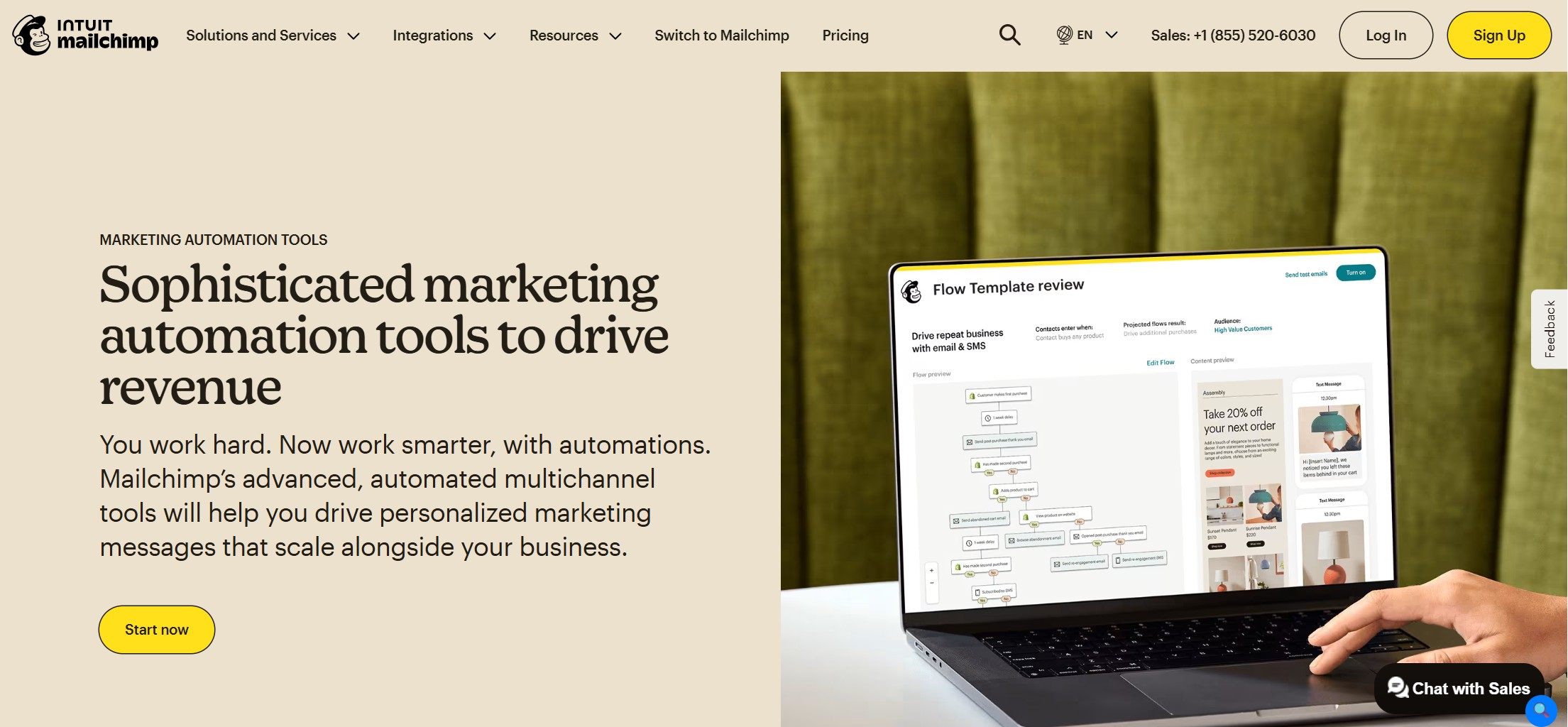 A laptop screen displays a marketing automation tools interface, with a hand interacting with the screen and text overlays including &ldquo;Sophisticated marketing automation tools to drive revenue&rdquo; and &ldquo;Start now.&rdquo;