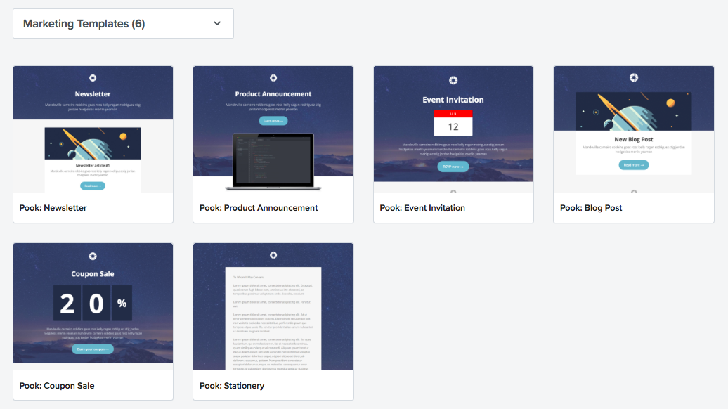 Seven marketing templates are displayed: Newsletter, Product Announcement, Event Invitation, Blog Post, Coupon Sale, Stationery, and Pook.