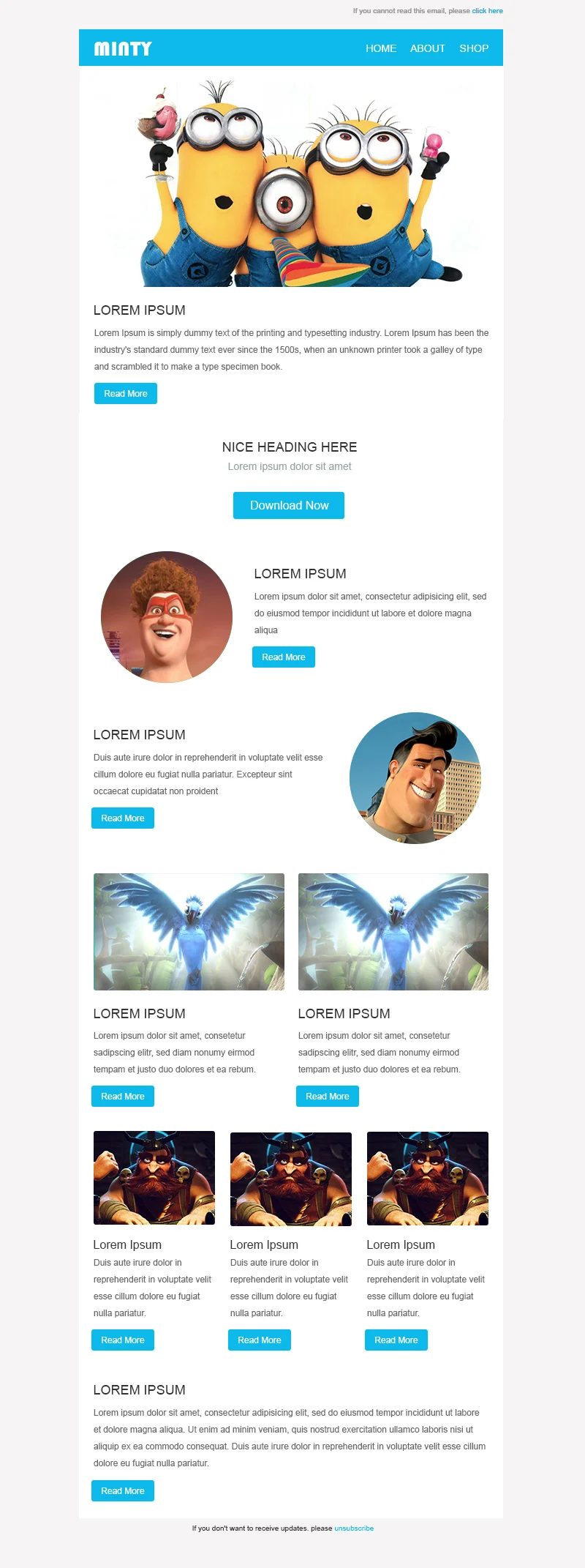 A webpage for Lorem Ipsum displays Minion characters and text in black font on a white background with a blue header and footer.
