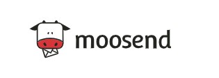 A black and white cartoon cow with a red nose and mouth is positioned to the left of the word "moosend" in black text on a white background.