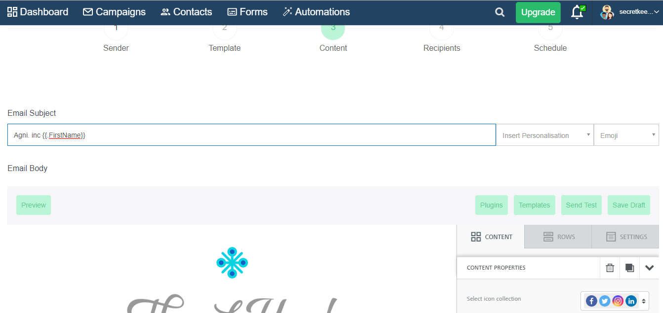 A dashboard displays campaign, forms, email, content, plugins, and properties sections.
