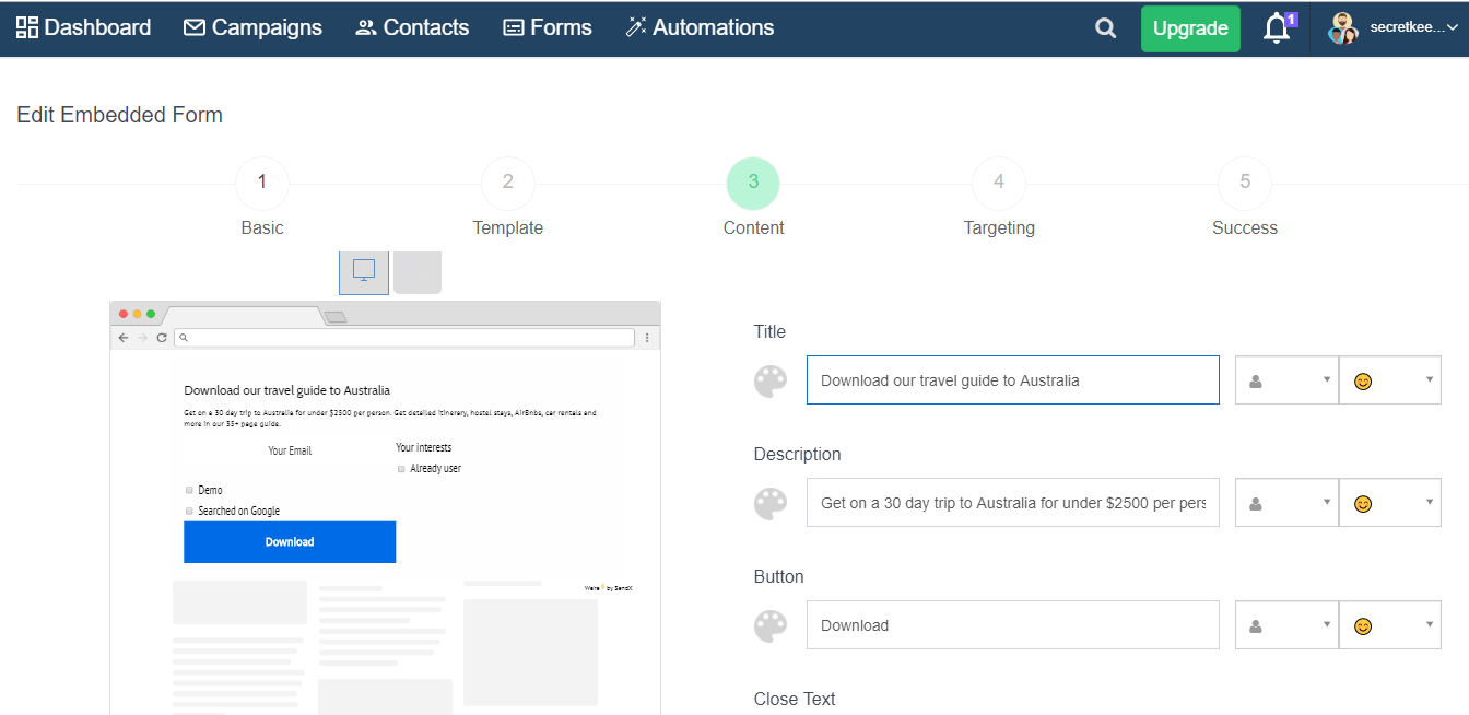 A computer screen displays a form titled &ldquo;Edit Embedded Form&rdquo; with sections for &ldquo;Basic,&rdquo; &ldquo;Template,&rdquo; &ldquo;Content,&rdquo; &ldquo;Targeting,&rdquo; and &ldquo;Success,&rdquo; showing a form with text fields and a &ldquo;Download&rdquo; button.