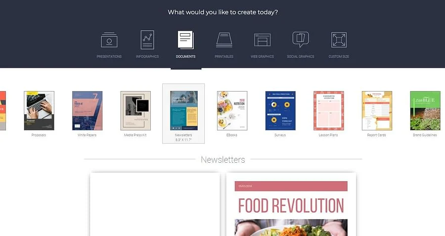 A website interface displays various document and presentation templates, including presentations, infographics, documents, printables, web graphics, social graphics, custom size options, and newsletters.