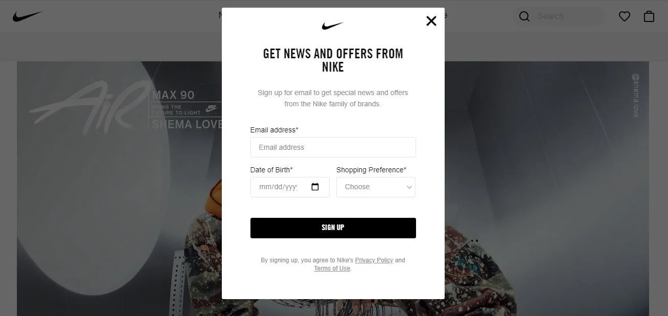 A Nike sign-up form with fields for email, date, birth, and shopping preference, set against a Nike-branded background.