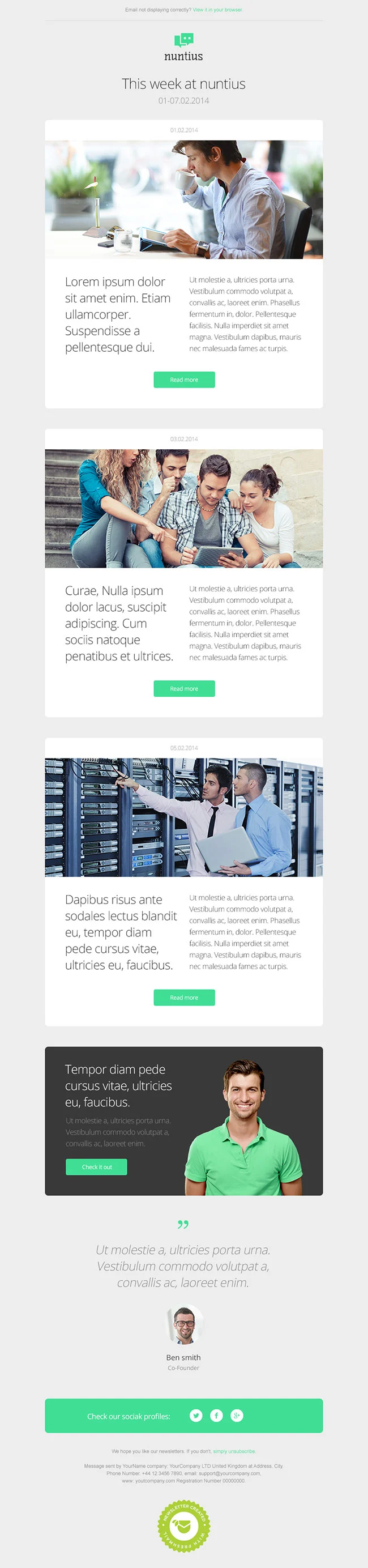 A webpage for Nuntius, a company specializing in IT services, displays a clean design with four sections: a header with Nuntius logo and navigation, a main content area with four blog posts, a footer with contact information, and a call-to-action button.