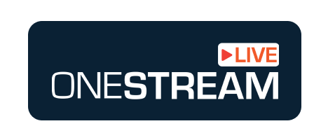 A dark blue rectangle contains the words "ONESTREAM" in white, with a red play button icon labeled "LIVE" above the right "E".