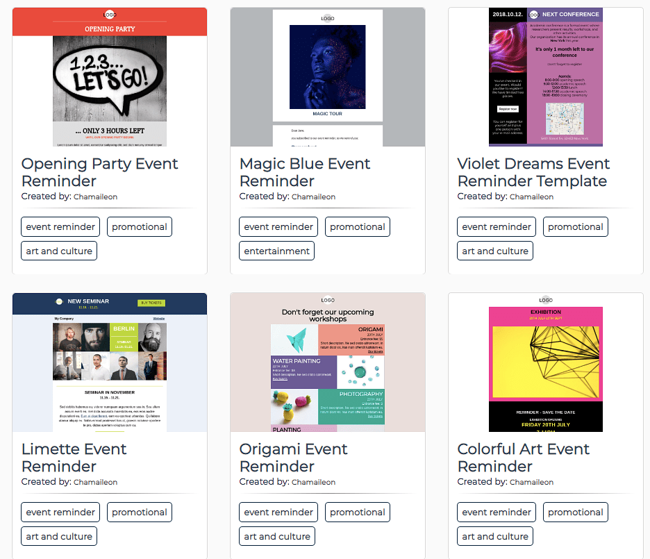 Six event reminder templates are displayed: "Opening Party Reminder," "Magic Blue Event Reminder," "Violet Dreams Event Reminder," "Limette Event Reminder," "Origami Event Reminder," and "Colorful Art Event Reminder." Each has a title, creator, event reminder, promotional button, and art and culture category.