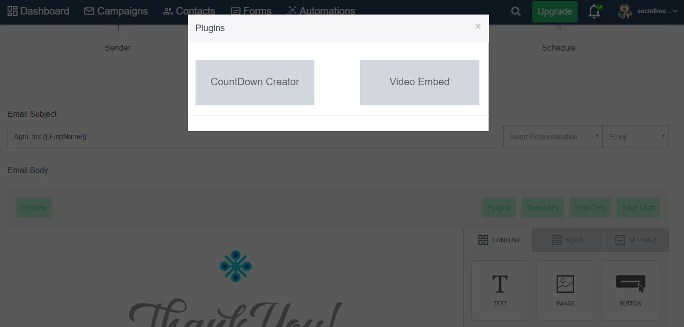 A popup box with buttons CountDown Creator and Video Embeded is displayed on a Dashboard Campaigns screen.