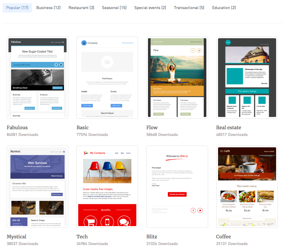 A grid of website screenshots displays various layouts and designs, including Fabulous, Basic, Flow, Real Estate, Mystical, Tech, Blitz, and Coffee.