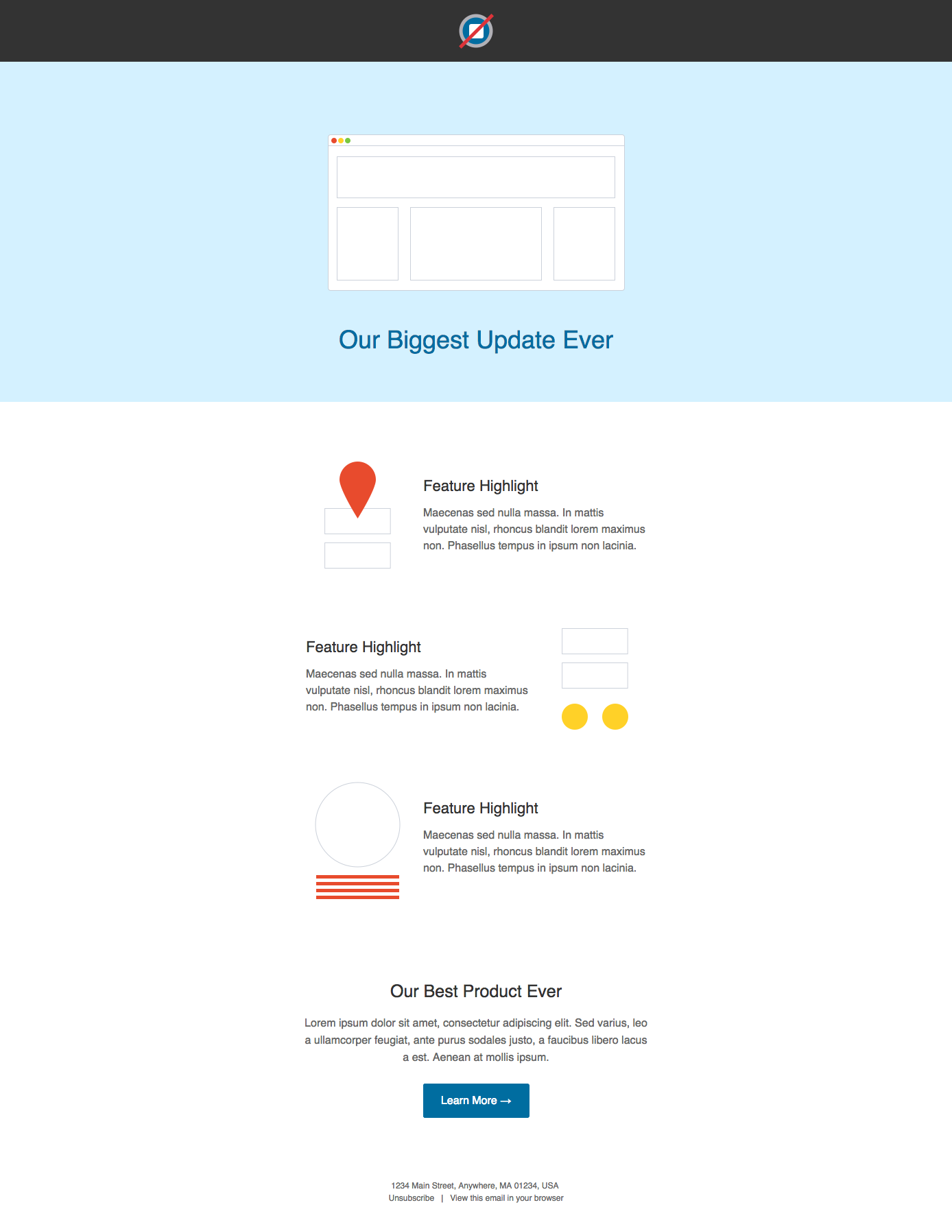 A webpage displays a light blue background with a white box containing text and a red location pin icon. Below, the text reads &ldquo;Our Biggest Update Ever,&rdquo; followed by &ldquo;Feature Highlight,&rdquo; &ldquo;Feature Highlight,&rdquo; &ldquo;Feature Highlight,&rdquo; and &ldquo;Our Best Product Ever.&rdquo; A blue button labeled &ldquo;Learn More&rdquo; appears at the bottom.