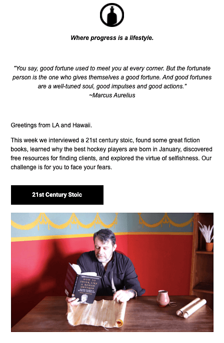 A 21st-century stoic is pictured reading a book at a table, with a quote by Marcus Aurelius above.