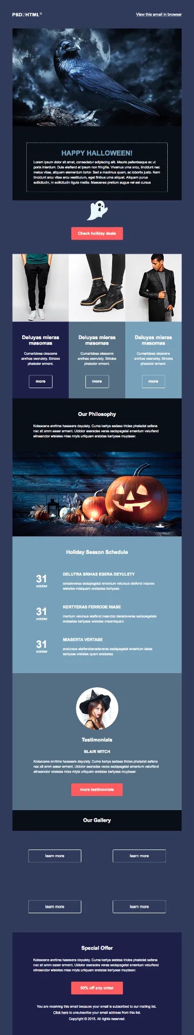 A dark blue webpage with Halloween-themed content including a black bird silhouette, holiday deals, product categories, a testimonial, a gallery, and a special offer.