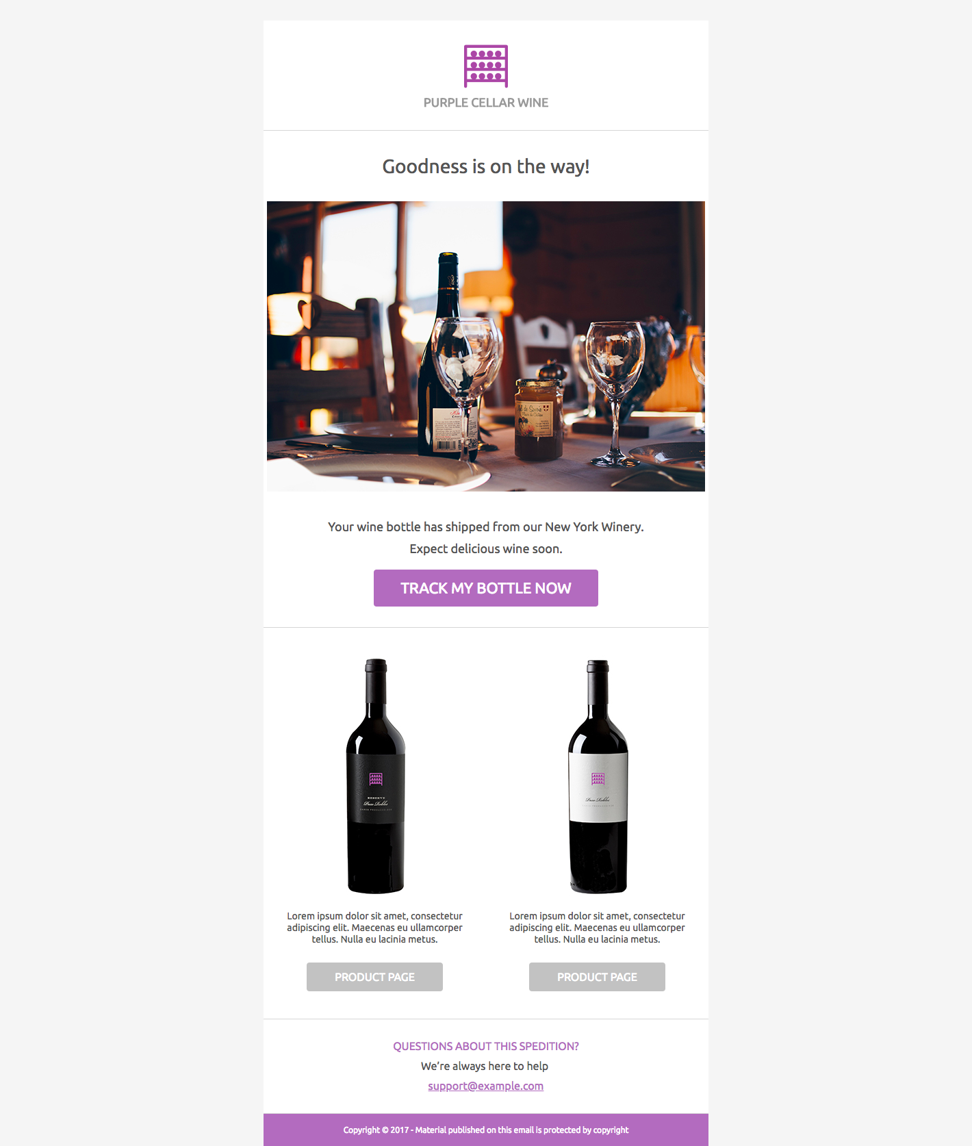 A purple cellar wine advertisement displays a bottle and glasses of red wine, inviting customers to shop and learn about its products.