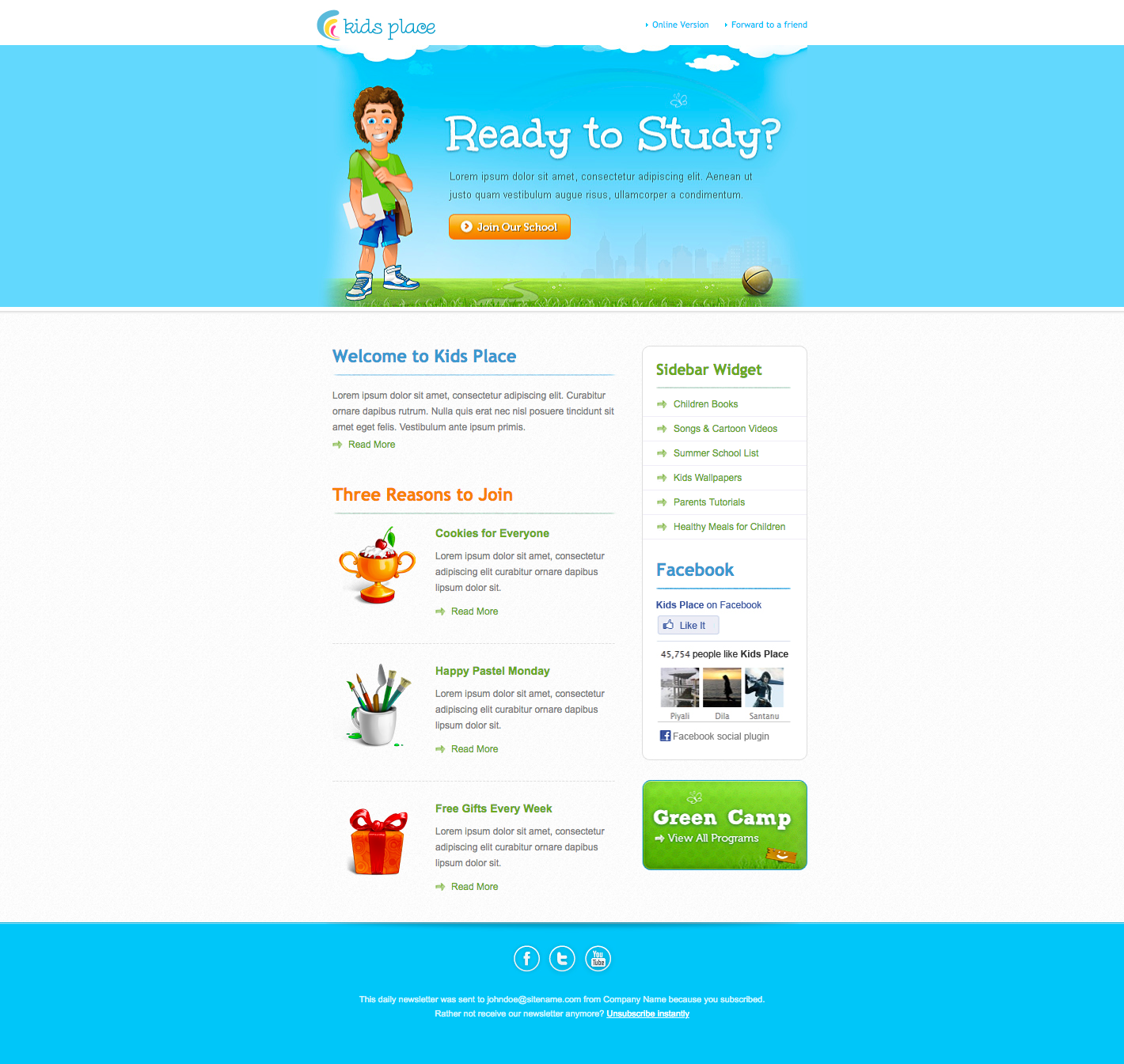 A website for kids, titled &ldquo;Kids Place,&rdquo; features a cartoon child character, sections for sidebar widgets, reasons to join, Facebook page, and green camp box.