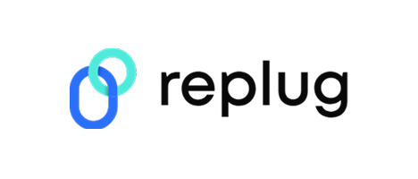 The "replug" logo consists of two overlapping circles: a blue one on the left and a teal one on the right, positioned side by side.