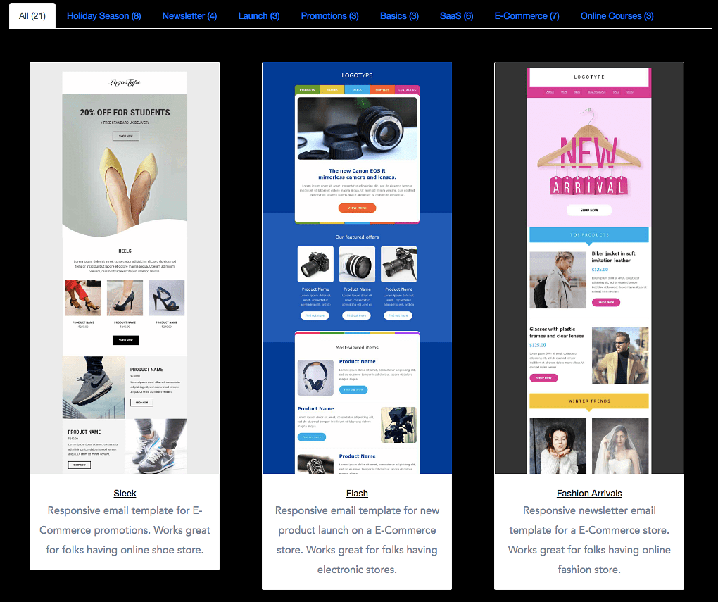 Three email templates for E-Commerce promotions, showcasing sleek, flat design with product images and call-to-action buttons, displayed on white backgrounds.