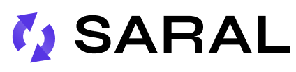 The SARAL logo consists of a black uppercase "SARAL" text and a blue circular arrow symbol on a white background.