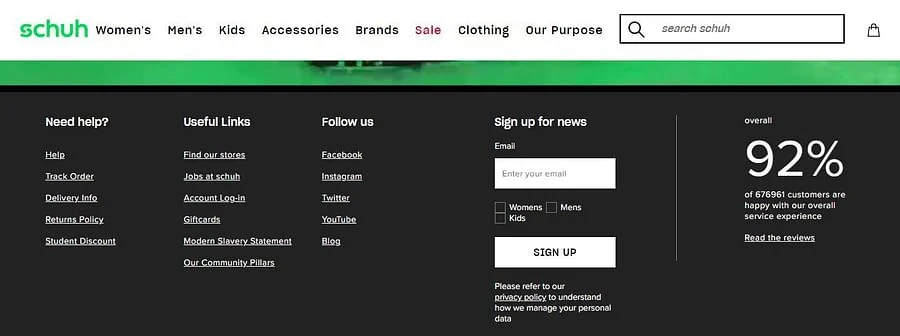 A screenshot of the Schuh website displays navigation links, a search bar, a "Sign up for news" section, and a "92%" statistic.