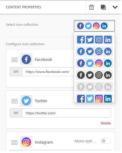 A screenshot displays a content properties interface with options to select an icon collection, configure an icon collection, and delete an icon collection. Facebook, Twitter, and Instagram icons are shown.