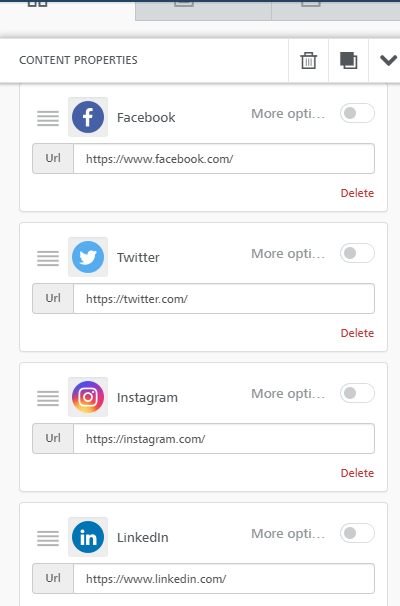 A screenshot displays a content properties interface with four social media icons: Facebook, Twitter, Instagram, and LinkedIn, each with corresponding URL, options, and delete buttons.