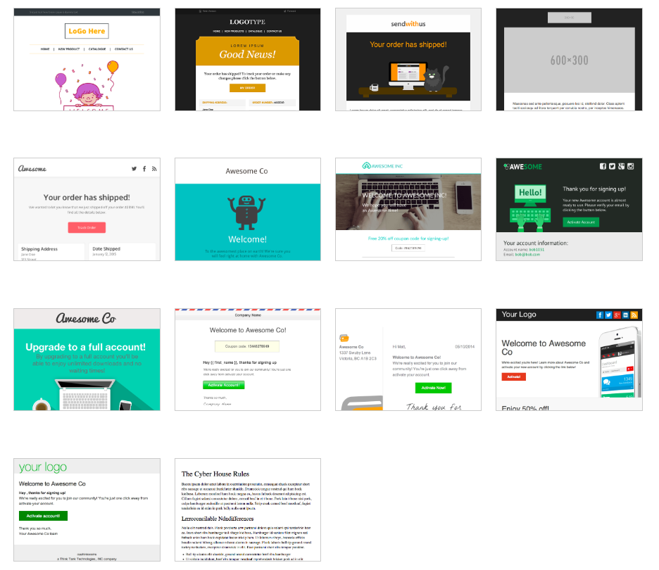A grid of website screenshots displays various company logos and branding elements, including &ldquo;LOGO HERE,&rdquo; &ldquo;Good News!,&rdquo; &ldquo;sendwithus,&rdquo; &ldquo;Awesome Co,&rdquo; &ldquo;Upgrade to a full account!,&rdquo; &ldquo;The Cyber House Rules,&rdquo; and &ldquo;Your logo.&rdquo;