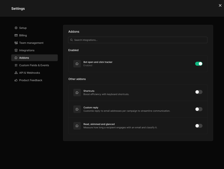A dark settings panel displays options for Addons and Enabled, including Bot open and click tracker, Shortcuts, Custom reply, and Read, skimmed and glanced.