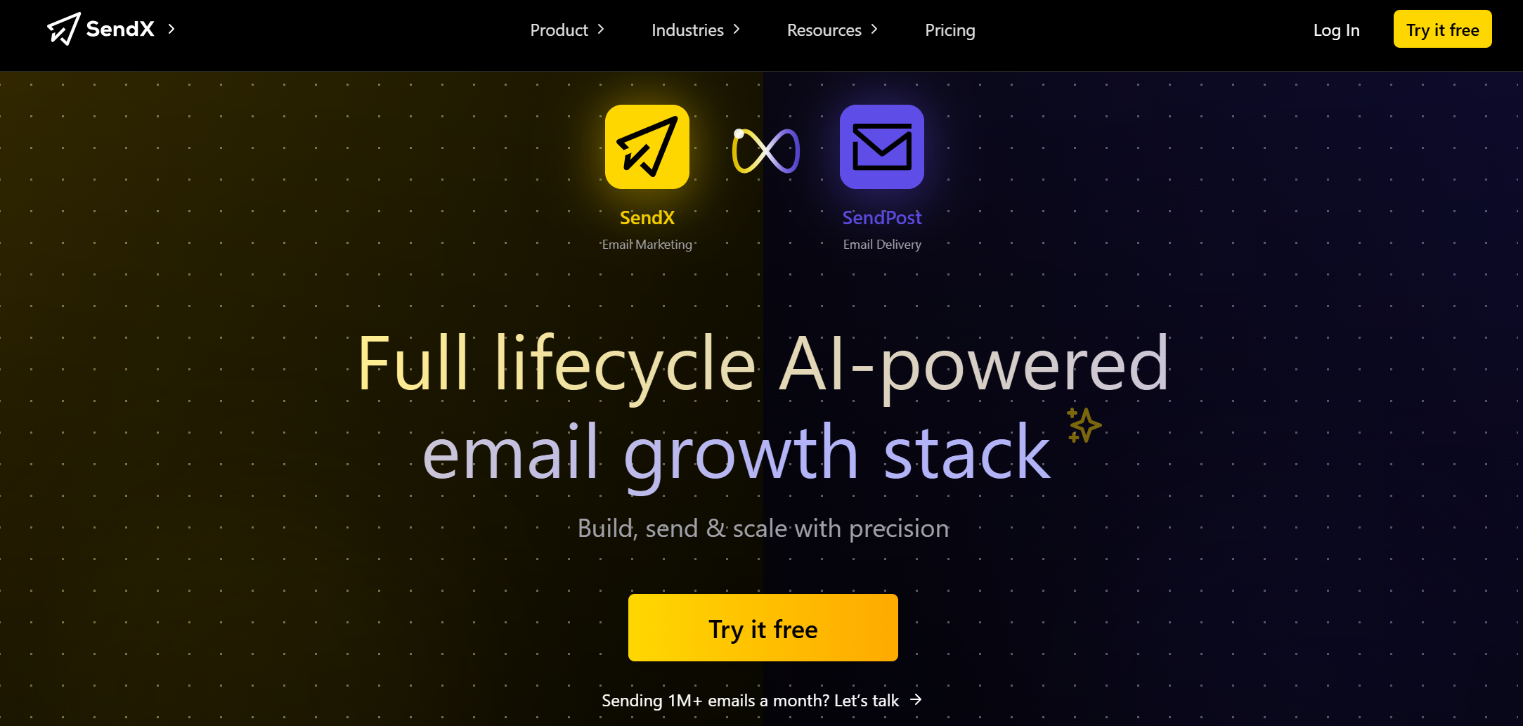 A dark blue background with small white dots features a yellow circle with black "SendX" text, a yellow square with black "SendX" text, a blue square with black "SendPost" text, and a yellow square with black "Try it free" text.