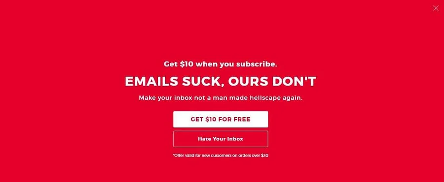A red background with white text reads &ldquo;Get $10 when you subscribe. Make your inbox not a man-made hellscape again.&rdquo; Below, a white button reads &ldquo;GET $10 FOR FREE,&rdquo; with a red box below reading &ldquo;Rare Your Inbox.&rdquo;