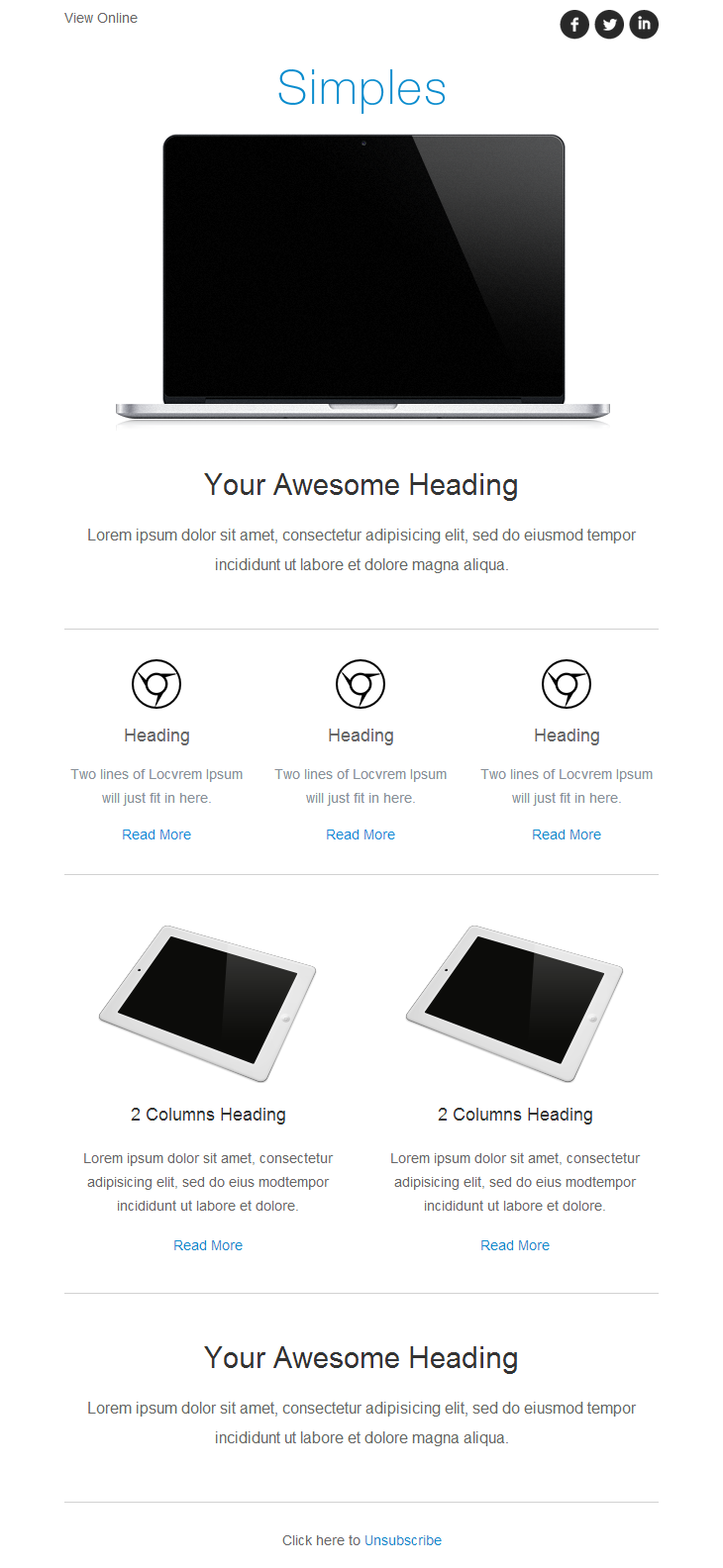 A webpage titled "Simples" displays a laptop image and text: "Your Awesome Heading" with placeholder text and four device illustrations: two tablets and two smartphones.