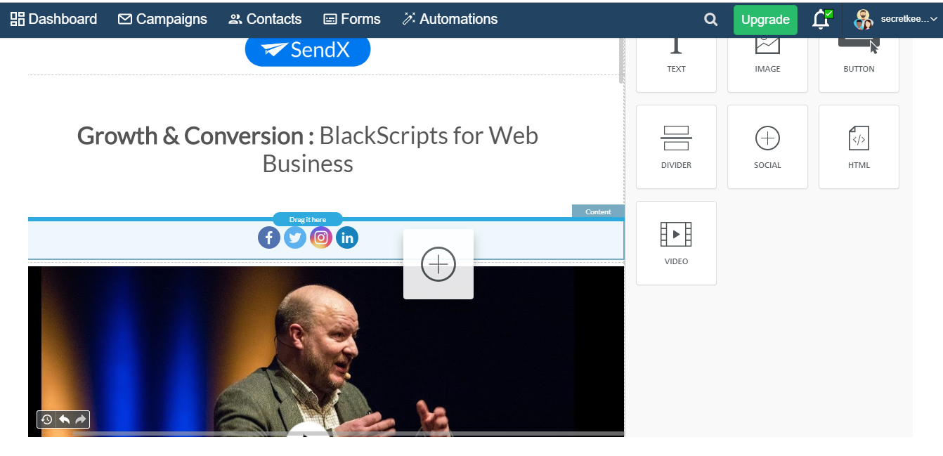 A presentation slide titled "Growth & Conversion: BlackScripts for Web Business" displays a man speaking on a screen with icons for Campaigns, SendX, Contacts, Social Media, and Dashboard.