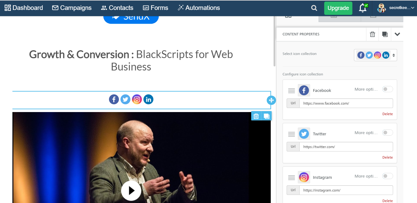 A video titled "Growth & Conversion: BlackScripts for Web Business" is shown on a Dashboard interface with a speaker and audience, alongside a chat window and icons.