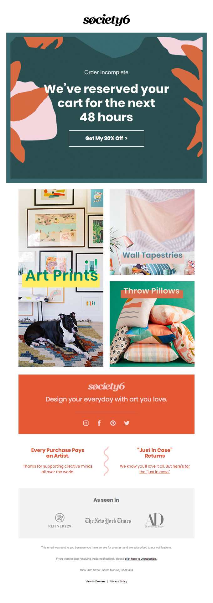Society6's website showcases art prints, throw pillows, and society-inspired designs, with a 30% off offer and order-incomplete message.