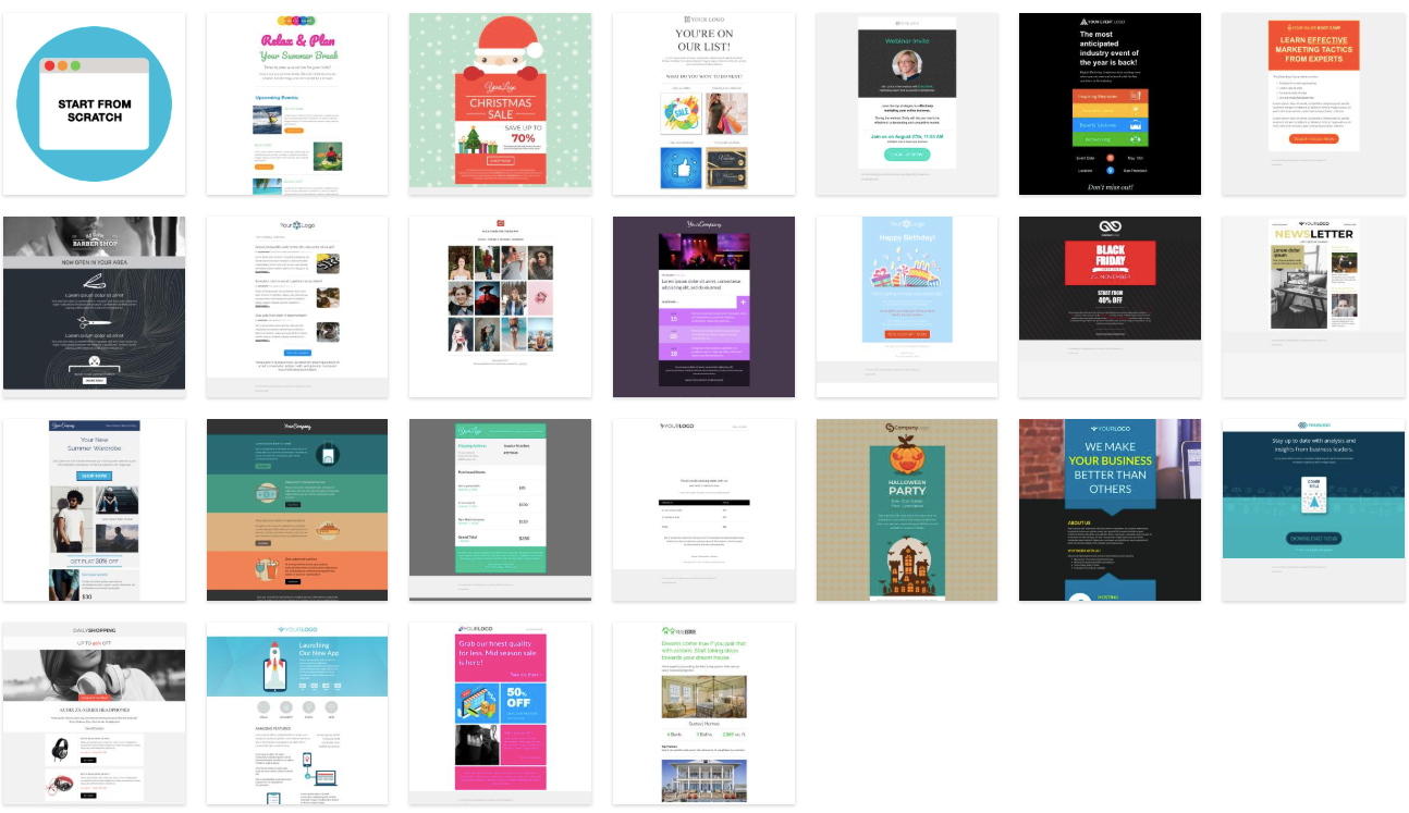 A grid of colorful website templates with text and images, arranged in four rows and four columns on a white background.