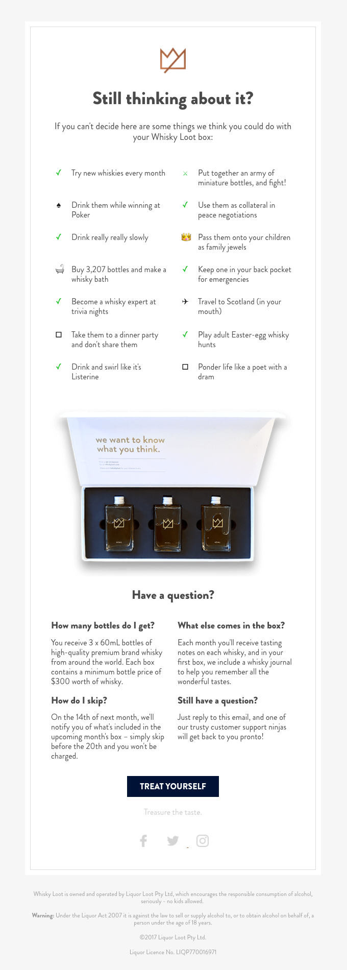 A Whisky Loot box advertisement features two brown bottles with gold labels, inviting customers to engage with questions about whisky, treat themselves, and treat their family.