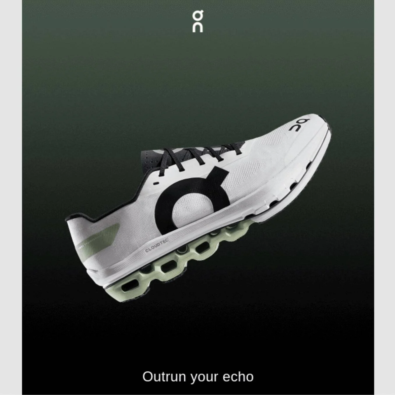 A white shoe with a black circular logo and light green sole is angled on a dark green background, accompanied by the text "Outrun your echo" and the letter "n" above.