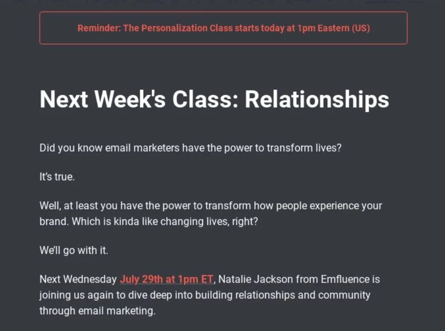 A dark gray notification box with white text reads &ldquo;Reminder: The Personalization Class starts today at 1pm Eastern (US)&rdquo;. Below, it states &ldquo;Next Week&rsquo;s Class: Relationships&rdquo; and includes questions about email marketers&rsquo; power and a brand&rsquo;s ability to transform lives.