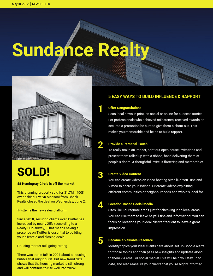A real estate newsletter titled "Sundance Realty" features a photo of a modern house, lists five ways to build influence and rapport, and announces a sold property at 48 Hemingray Circle.