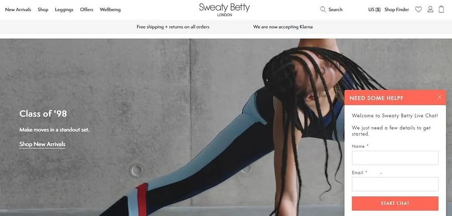 A screenshot of Sweaty Betty London's homepage displays a model in a blue and black sports bra against a gray concrete background, with text including &ldquo;Class of '98,&rdquo; &ldquo;Make moves in a standout set,&rdquo; and &ldquo;Shop New Arrivals.&rdquo; A &ldquo;NEED SOME HELP?&rdquo; box is visible on the right.