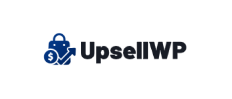 The UpsellWP logo consists of a dark blue shopping bag icon with a dollar sign and a checkmark, positioned to the left of the black text “UpsellWP”.