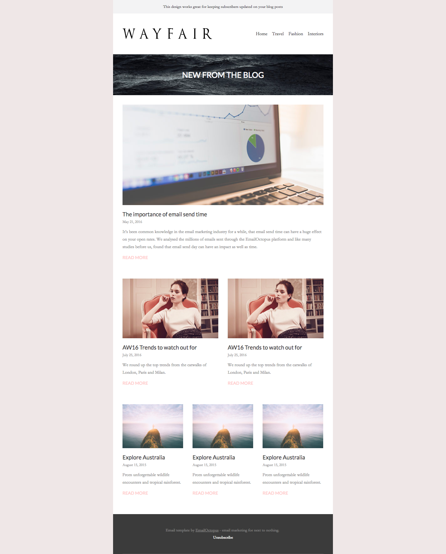A webpage for Wayfair, dated May 2016, features images of woman and landscape photos, title "The importance of email send time," and contact information.