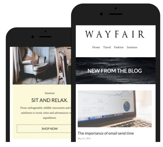 Two smartphones display the Wayfair website, featuring a clean design with sections for Home, Travel, Fashion, and Interiors.