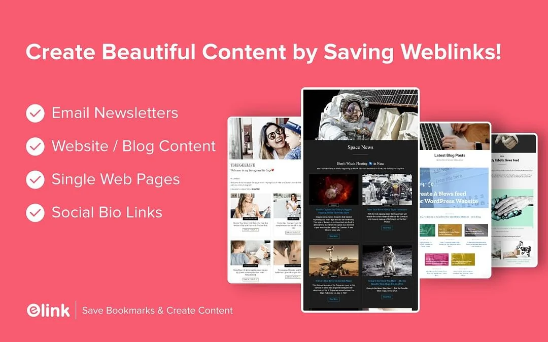 A pink background displays white text promoting content creation with saved weblinks, email newsletters, website/blog content, single web pages, and social bio links, accompanied by eLink logo.